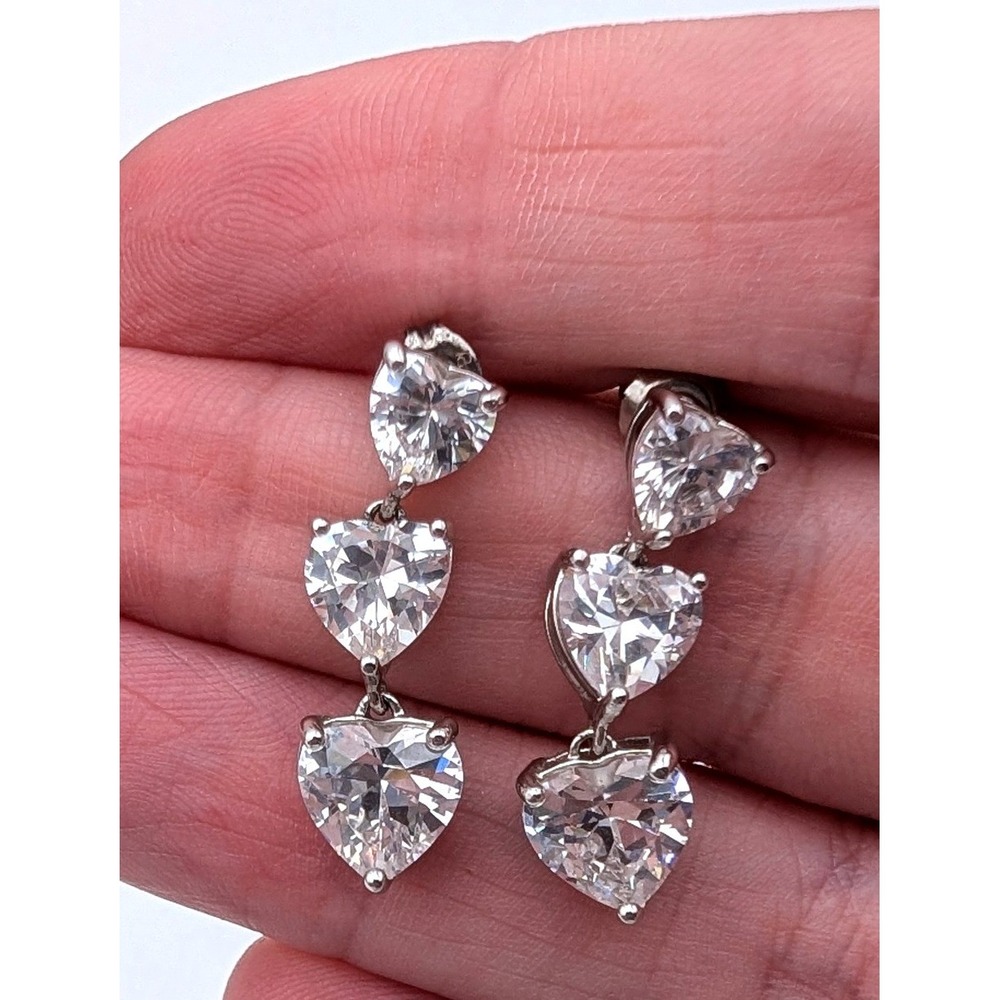 Sterling Silver 925 CZ Triple Heart Drop Dangle Earrings Clear Heart Shaped